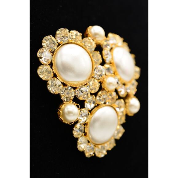 Vintage Crystal Pin Brooch Pearl Prong Cluster Gold Rhinestone Chunky 80s BinAC - Picture 2 of 12